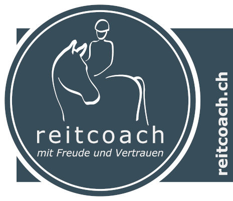 Das Firmenlogo zeigt, auf blaugrauem Grund, ein stilisiertes, mit weissen Linien gezeichnetes Pferd mit Reiter im weiss umrandeten Kreis.